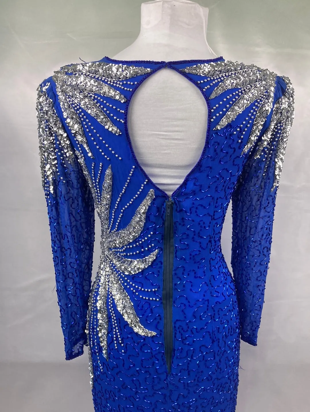 1980's Blue w/Silver Beaded Prom Formal Dress Vintage Women's Dress Small/ Med