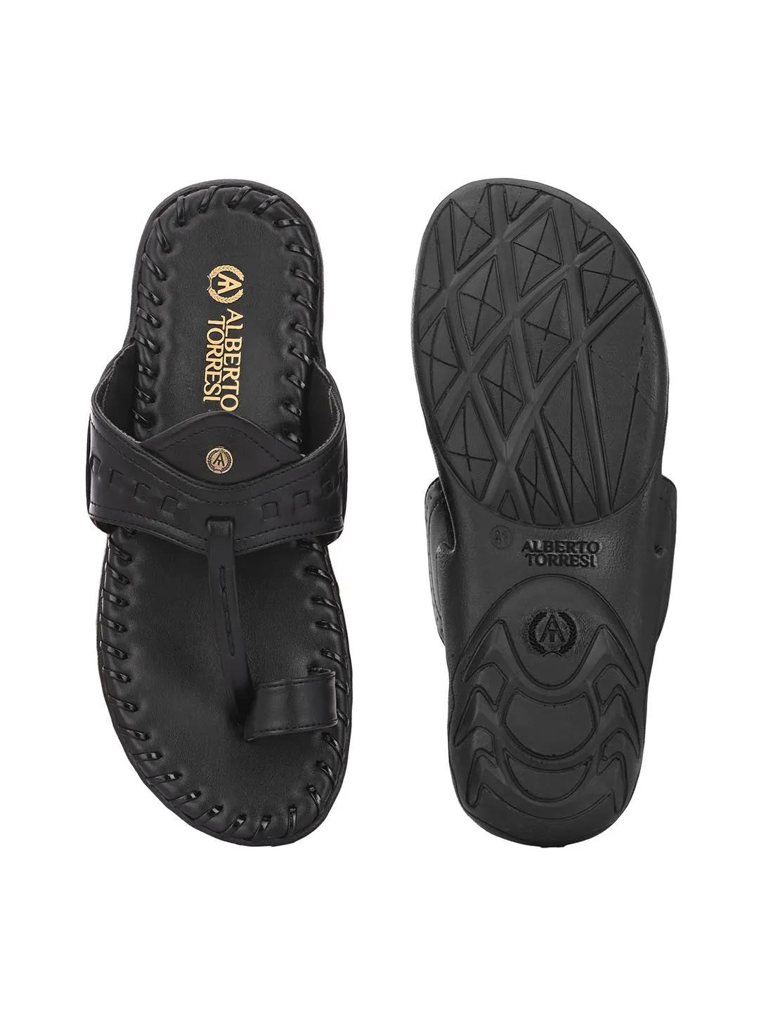 Alberto Torresi Men's Black Kolhapuri Thong Slipper