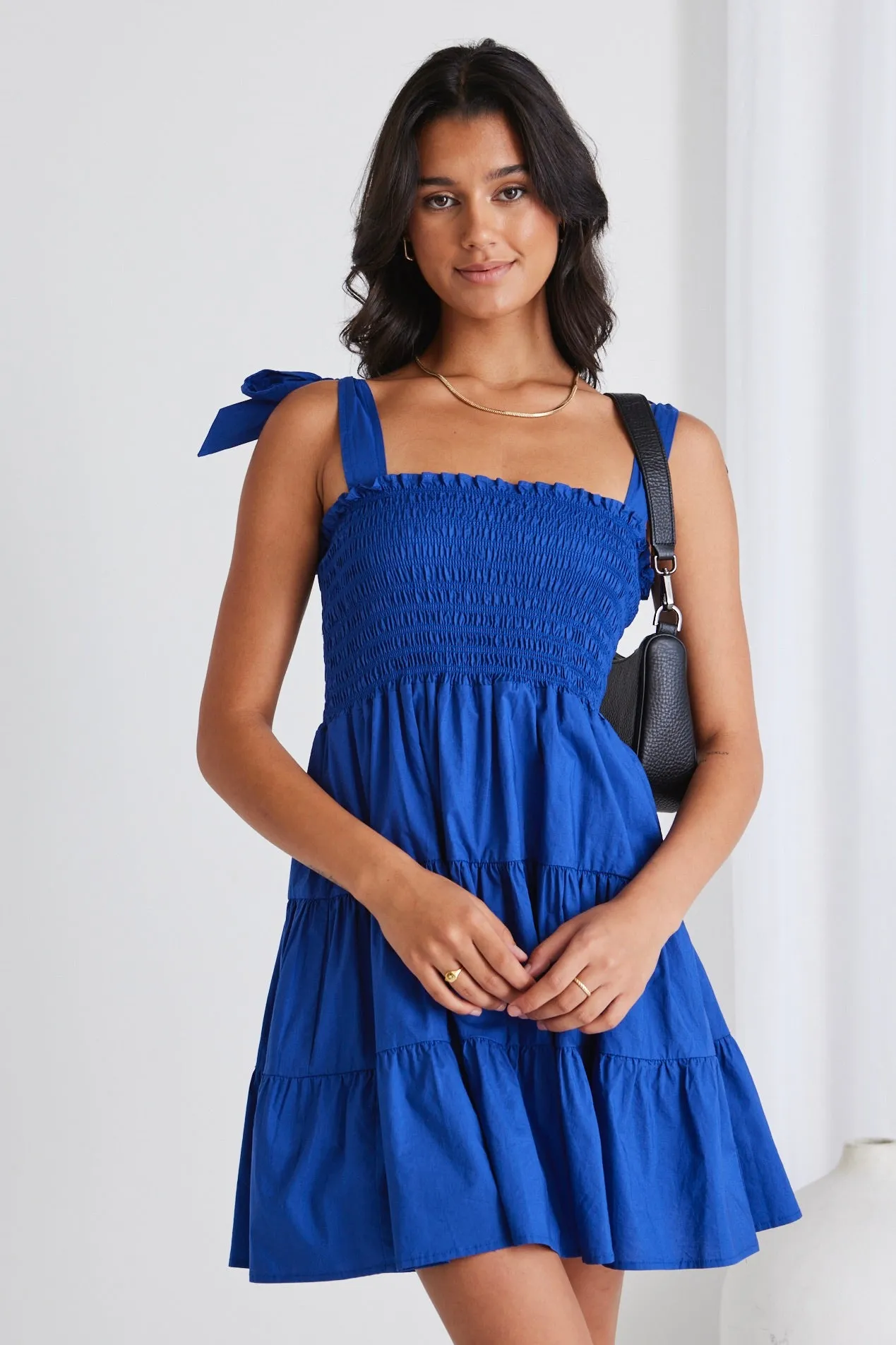 Arabella Electric Blue Poplin Shirred Tie Strappy Mini Dress