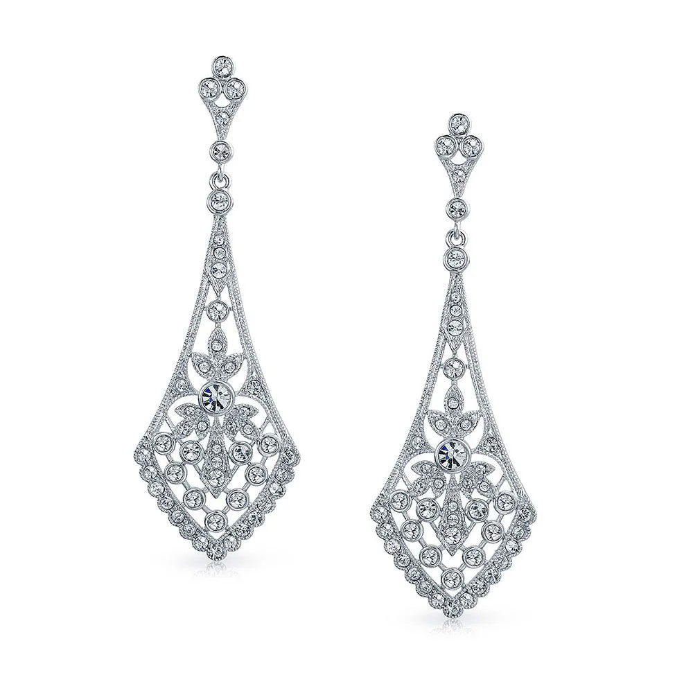 Art Deco Style Fan Teardrop Crystal Chandelier Statement Earrings