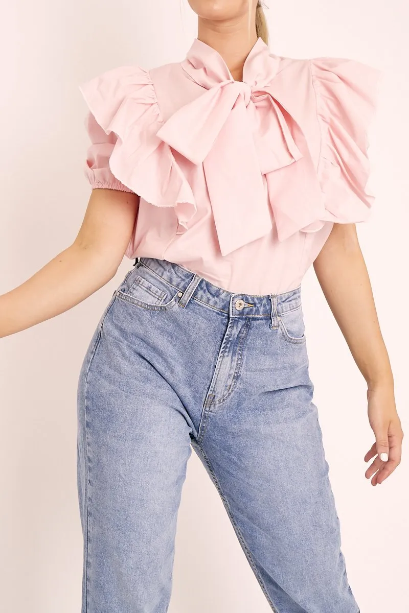 Baby Pink Ruffle Bow Shirt - Galina