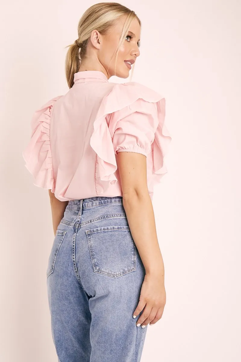 Baby Pink Ruffle Bow Shirt - Galina