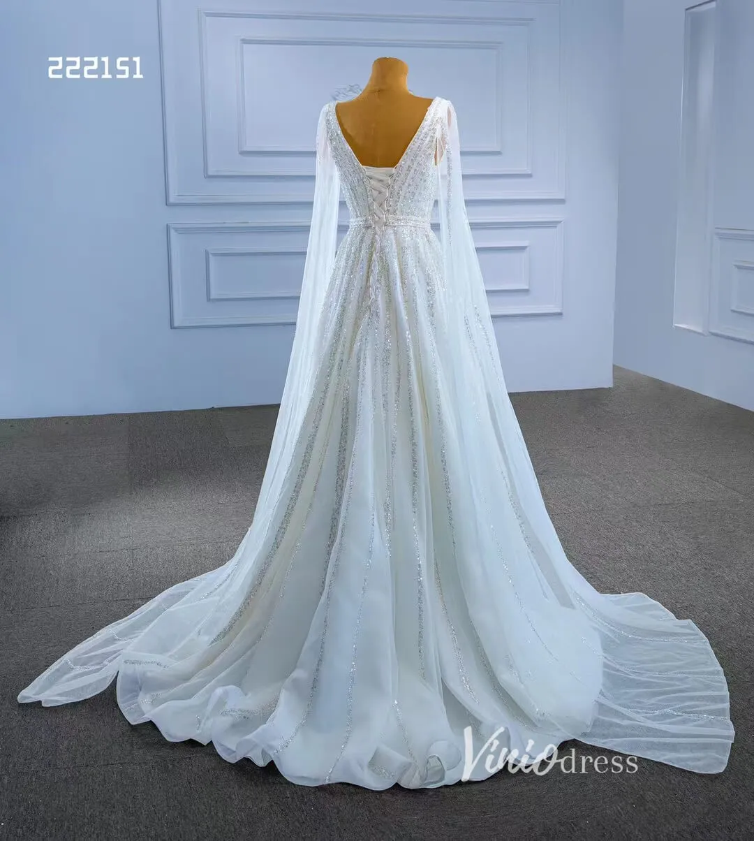 Beaded Cape Sleeve Wedding Dress V-neck Bridal Gown 222151