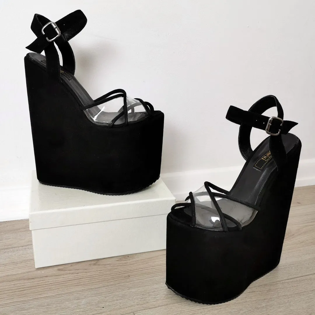 Black Suede Transparent Wedge Sandals