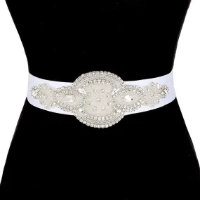 Bridal Wedding Pearl & Crystal Sash Ribbon Belt Headband