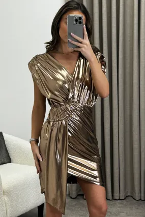 Carella Gold Metallic Plunge Asymmetric Drape Mini Dress