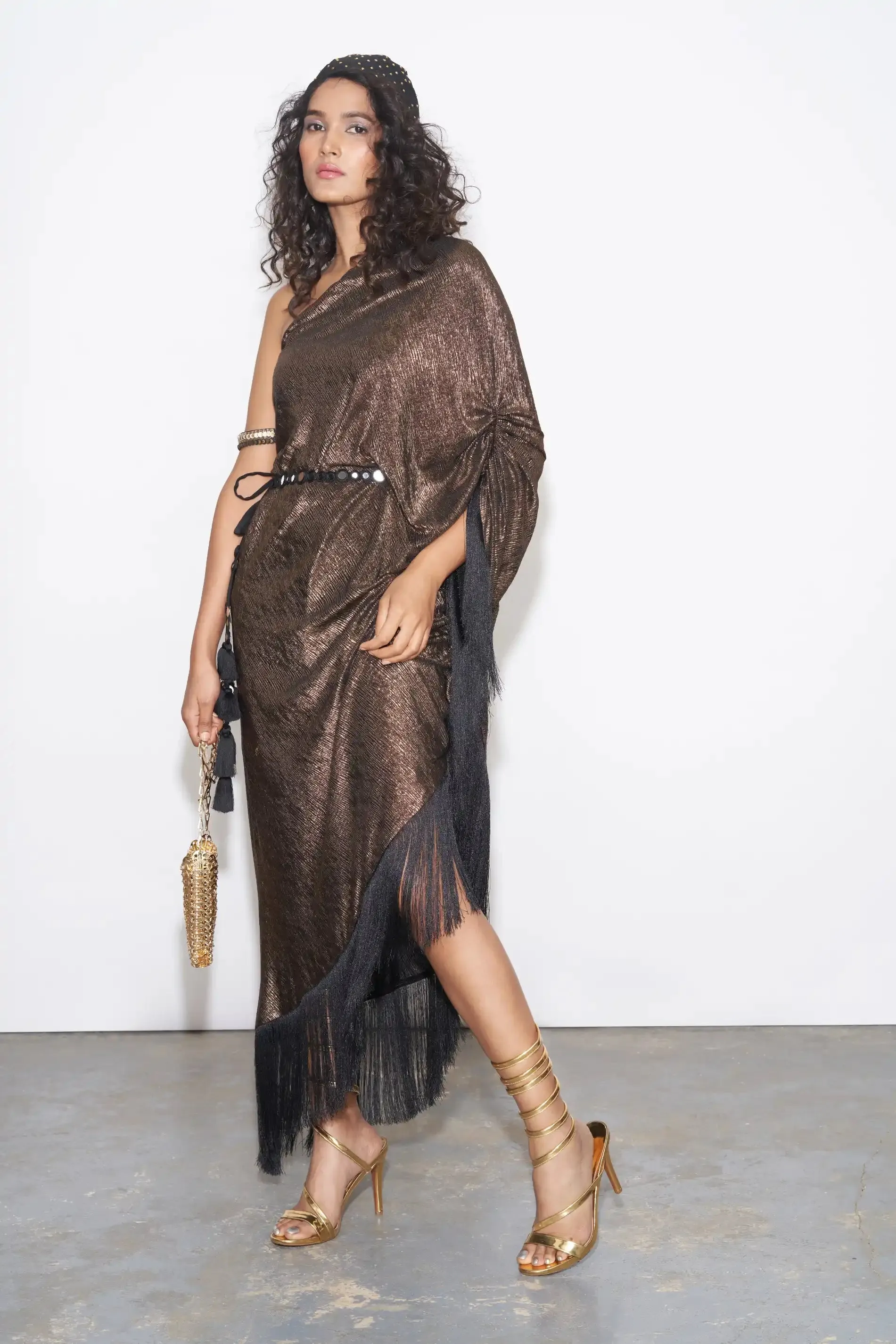 Copper Metallic One shoulder Kaftan With Belt