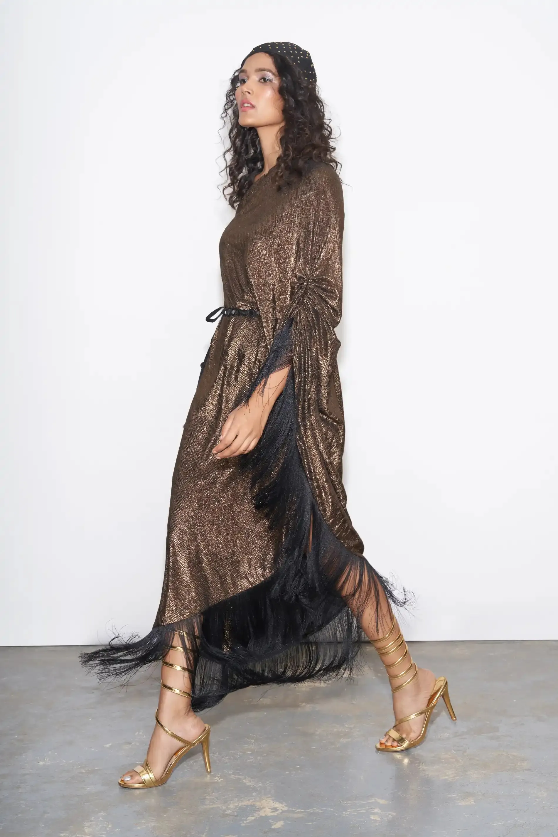 Copper Metallic One shoulder Kaftan With Belt