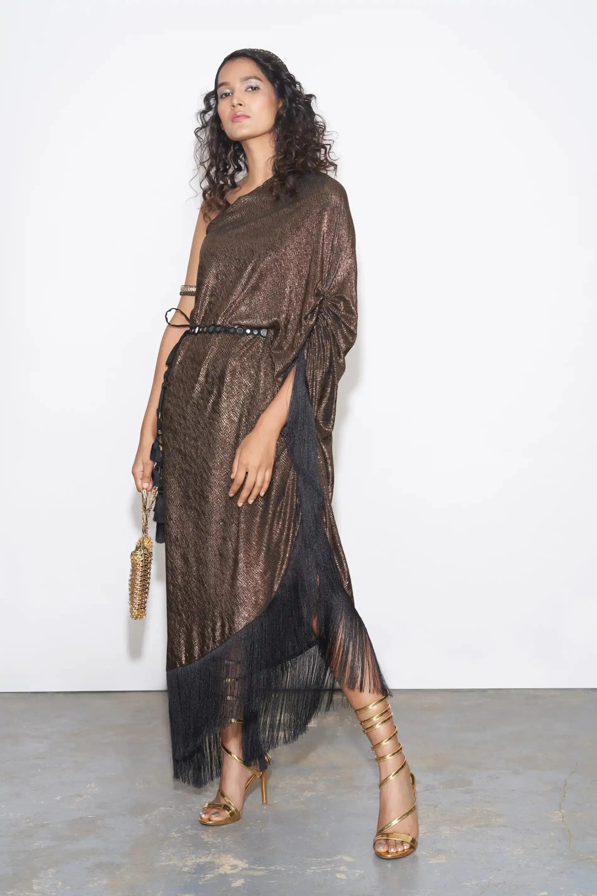 Copper Metallic One shoulder Kaftan With Belt