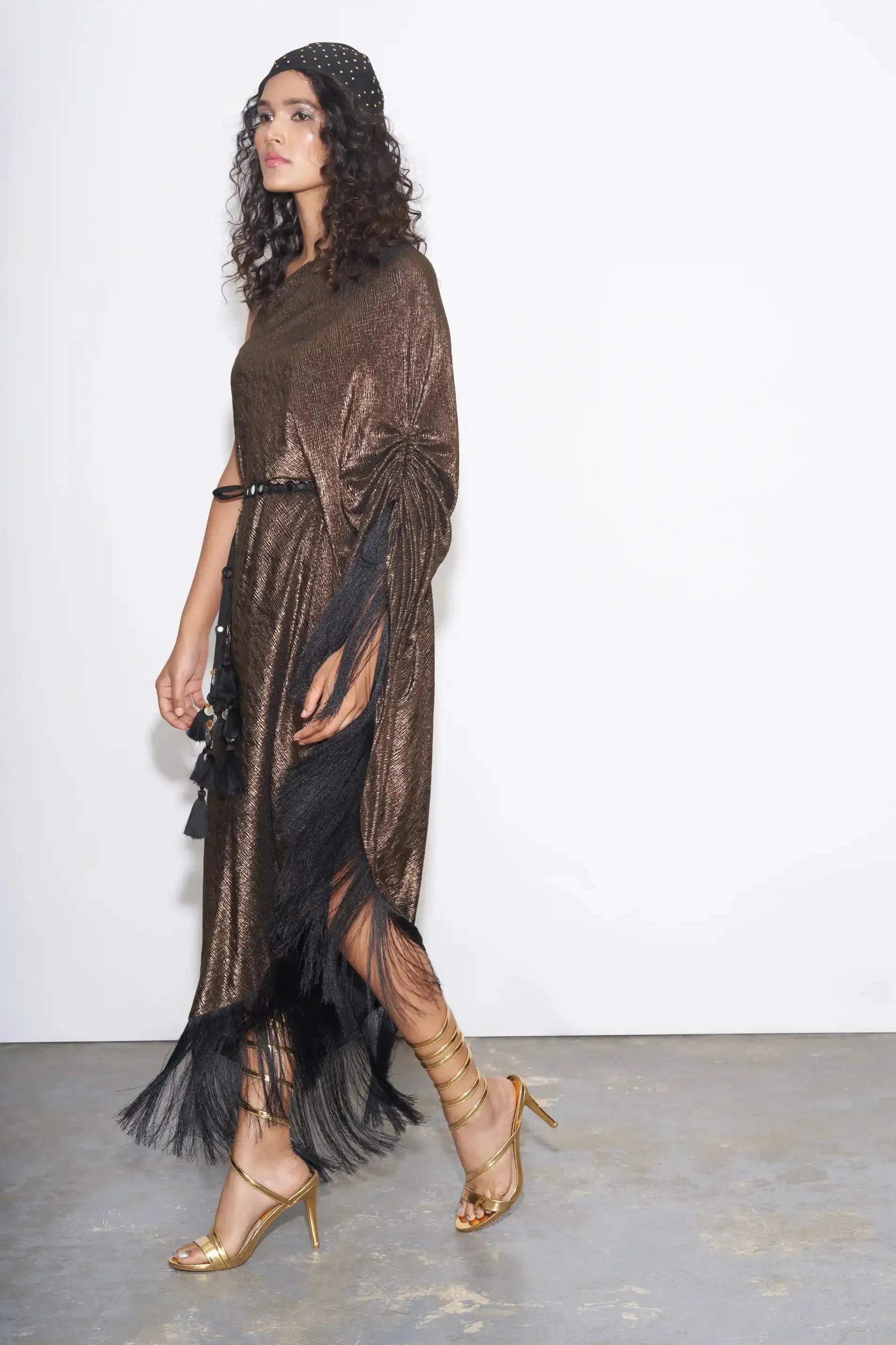 Copper Metallic One shoulder Kaftan With Belt