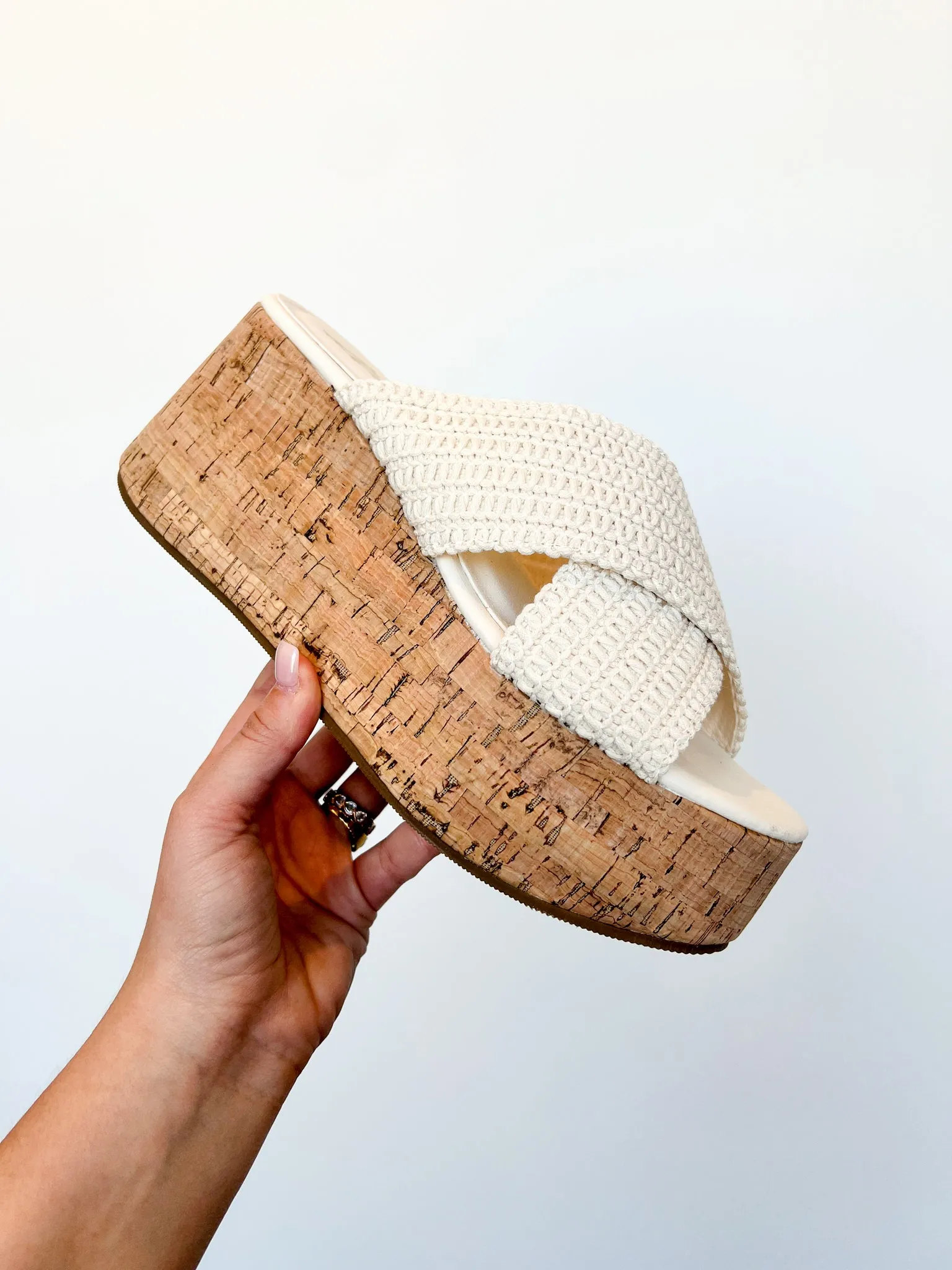 Crossover Cork Heel Sandals- Cream