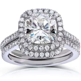 Cushion-cut Moissanite Bridal Set with Diamond 2 1/2 CTW 14k White Gold