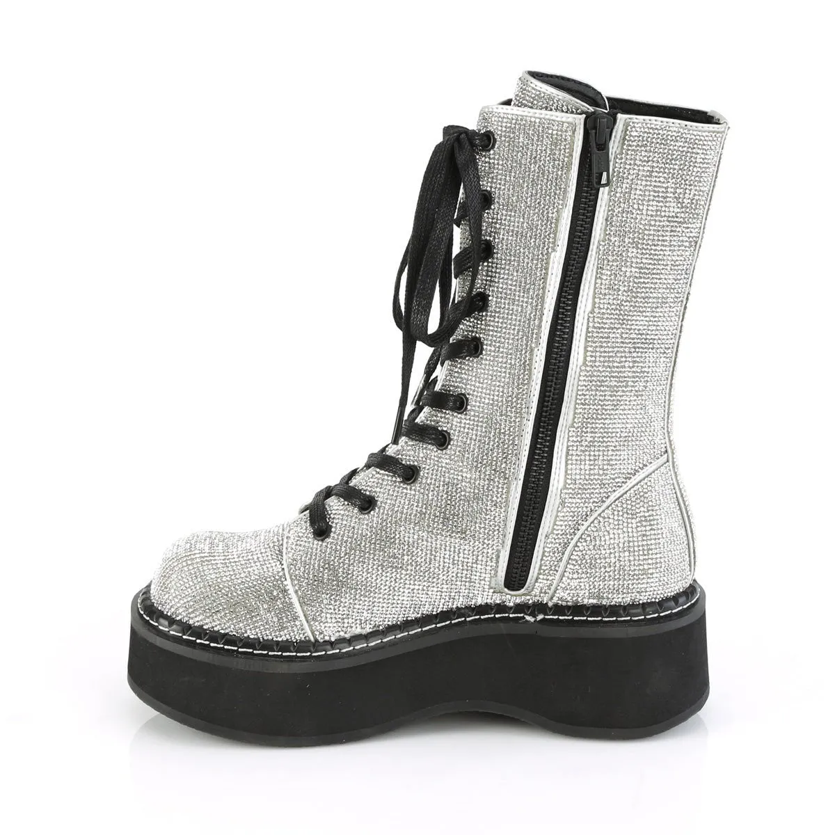 Demonia EMILY-362 | Silver V. Leather & Rhinstone Mid-Calf Boots