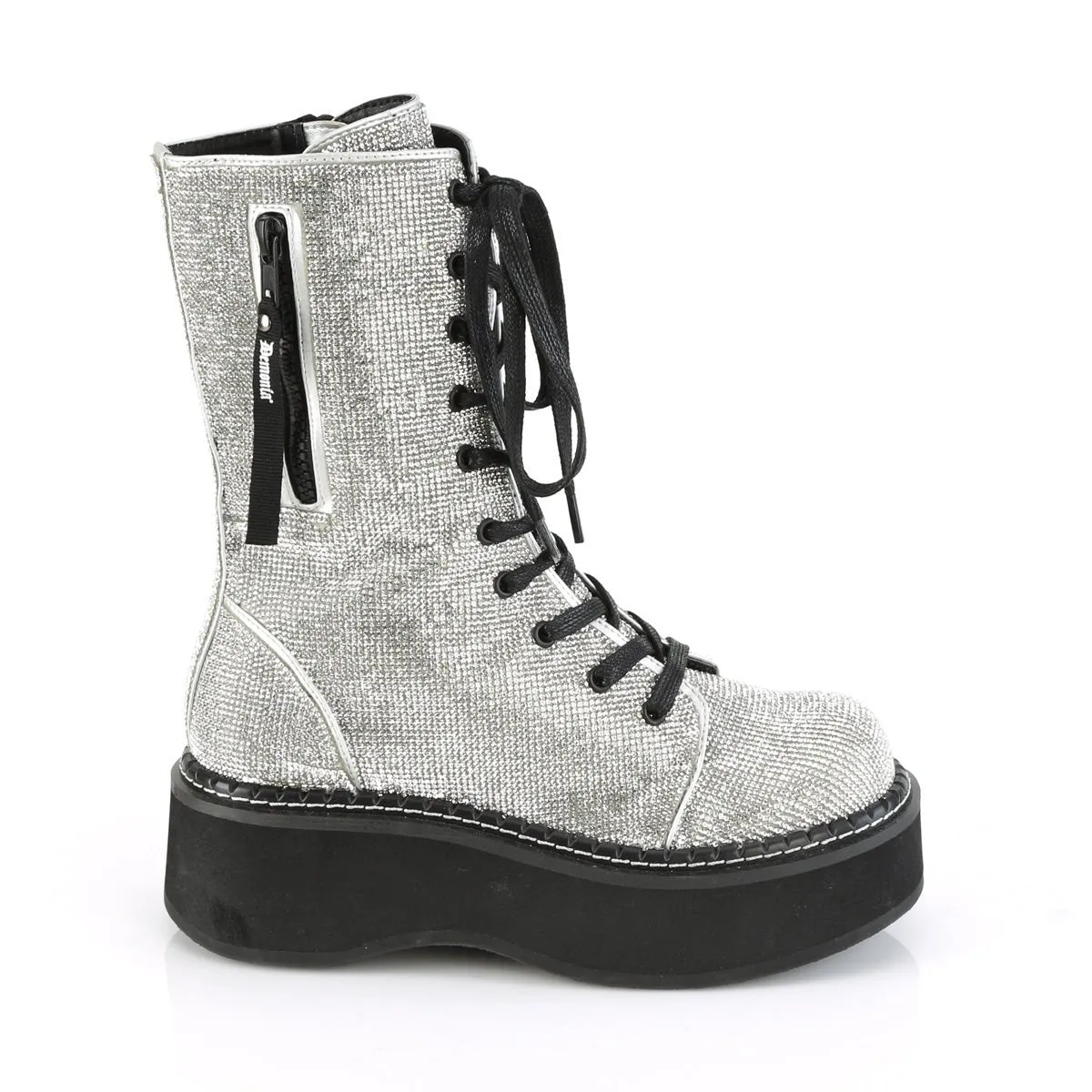 Demonia EMILY-362 | Silver V. Leather & Rhinstone Mid-Calf Boots