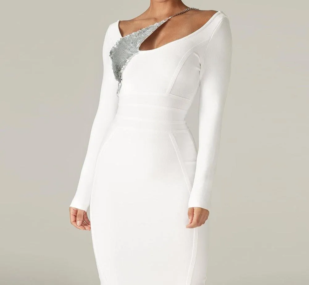 DORIAN Round Neck Long Sleeve Sequined Midi Bandage Dress