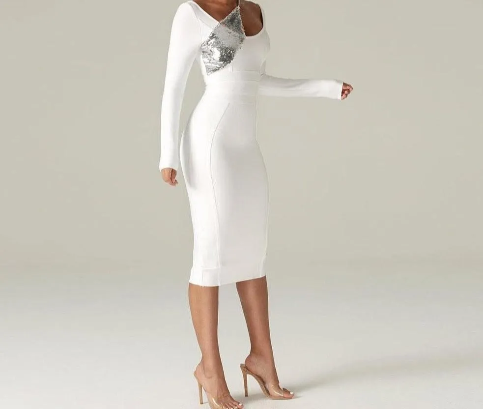 DORIAN Round Neck Long Sleeve Sequined Midi Bandage Dress