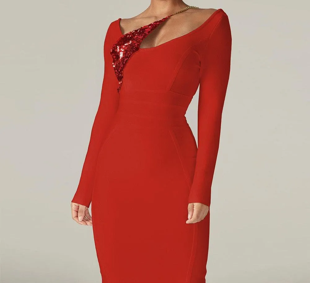 DORIAN Round Neck Long Sleeve Sequined Midi Bandage Dress