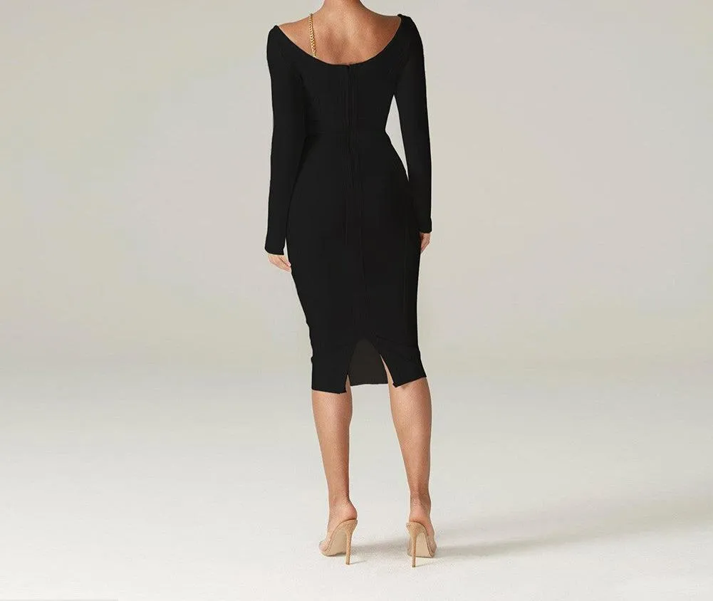 DORIAN Round Neck Long Sleeve Sequined Midi Bandage Dress