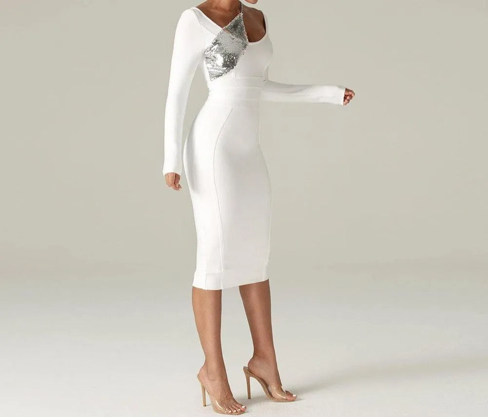 DORIAN Round Neck Long Sleeve Sequined Midi Bandage Dress