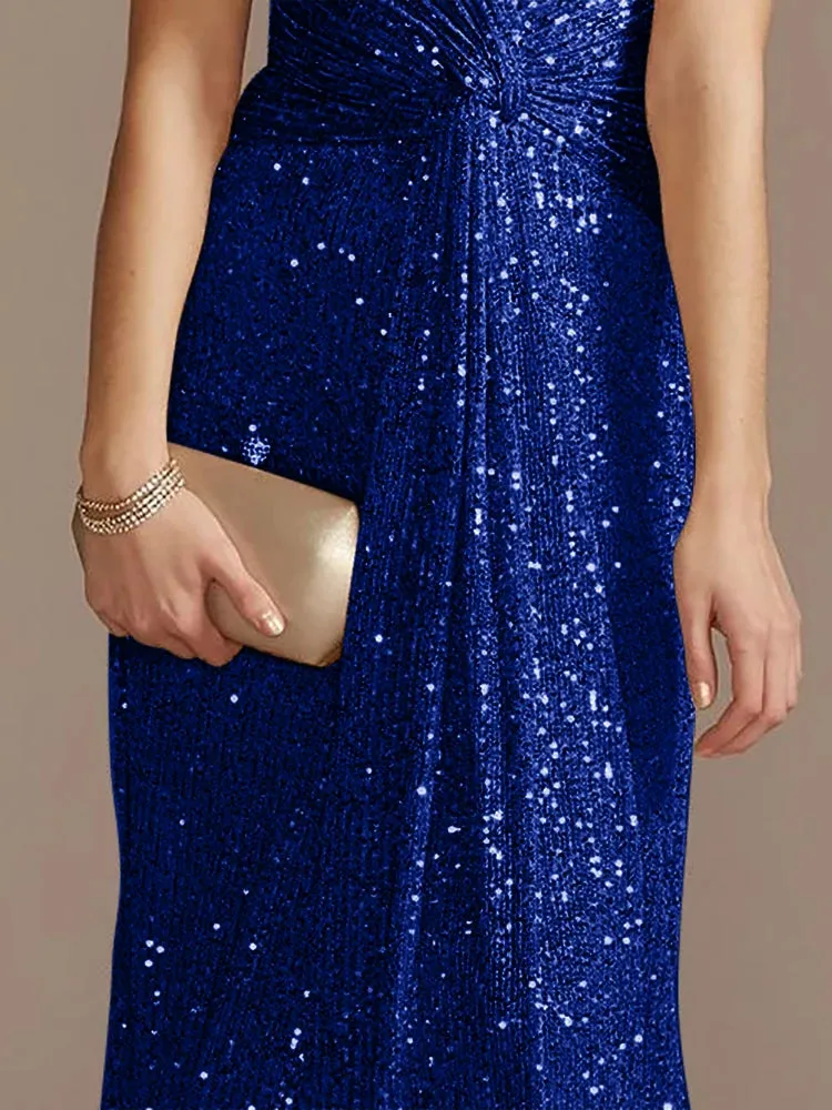 Elegant Floor Length V-Neck Sequin Evening Party Dress