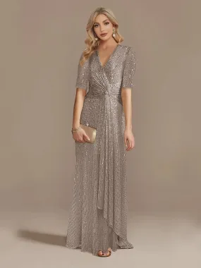 Elegant Floor Length V-Neck Sequin Evening Party Dress