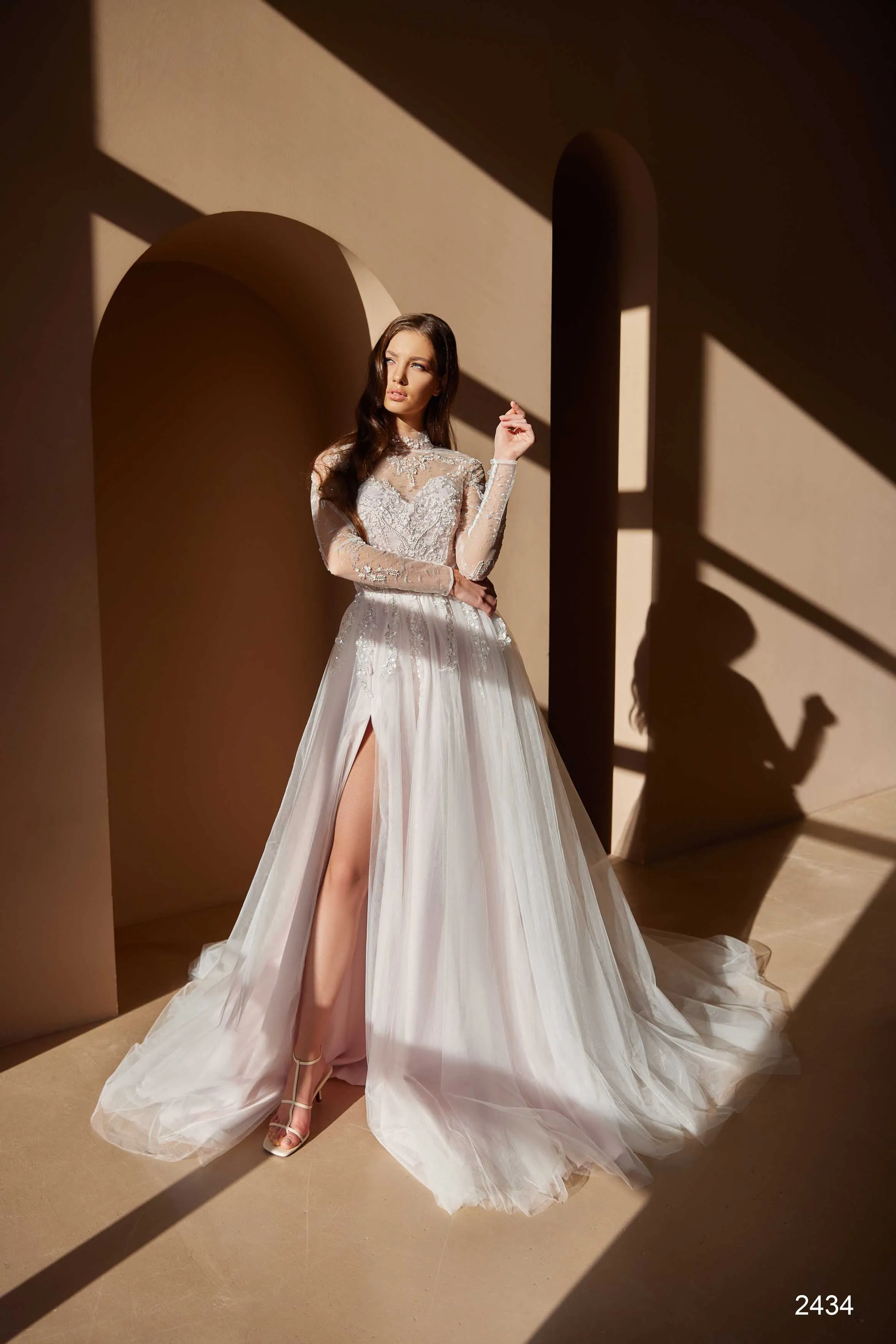 Embellished Light Blue Bridal Gown with a Slit