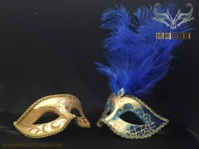 Fifty shades of Grey Couple Feather Masquerade mask Pair Royal Blue Gold