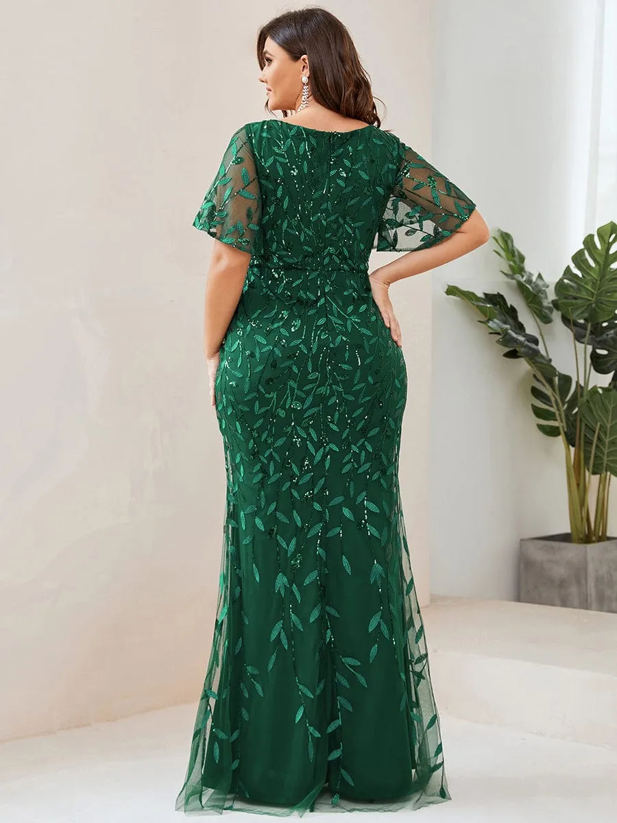 Gorgeous V Neck Leaf-Sequined Fishtail Party Dress