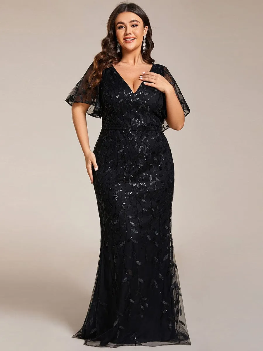 Gorgeous V Neck Leaf-Sequined Fishtail Party Dress