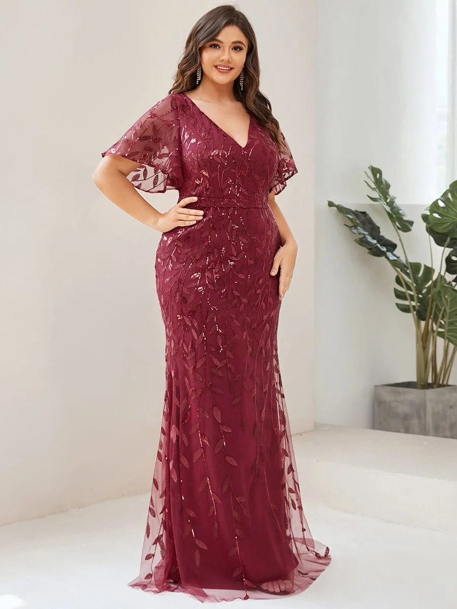 Gorgeous V Neck Leaf-Sequined Fishtail Party Dress