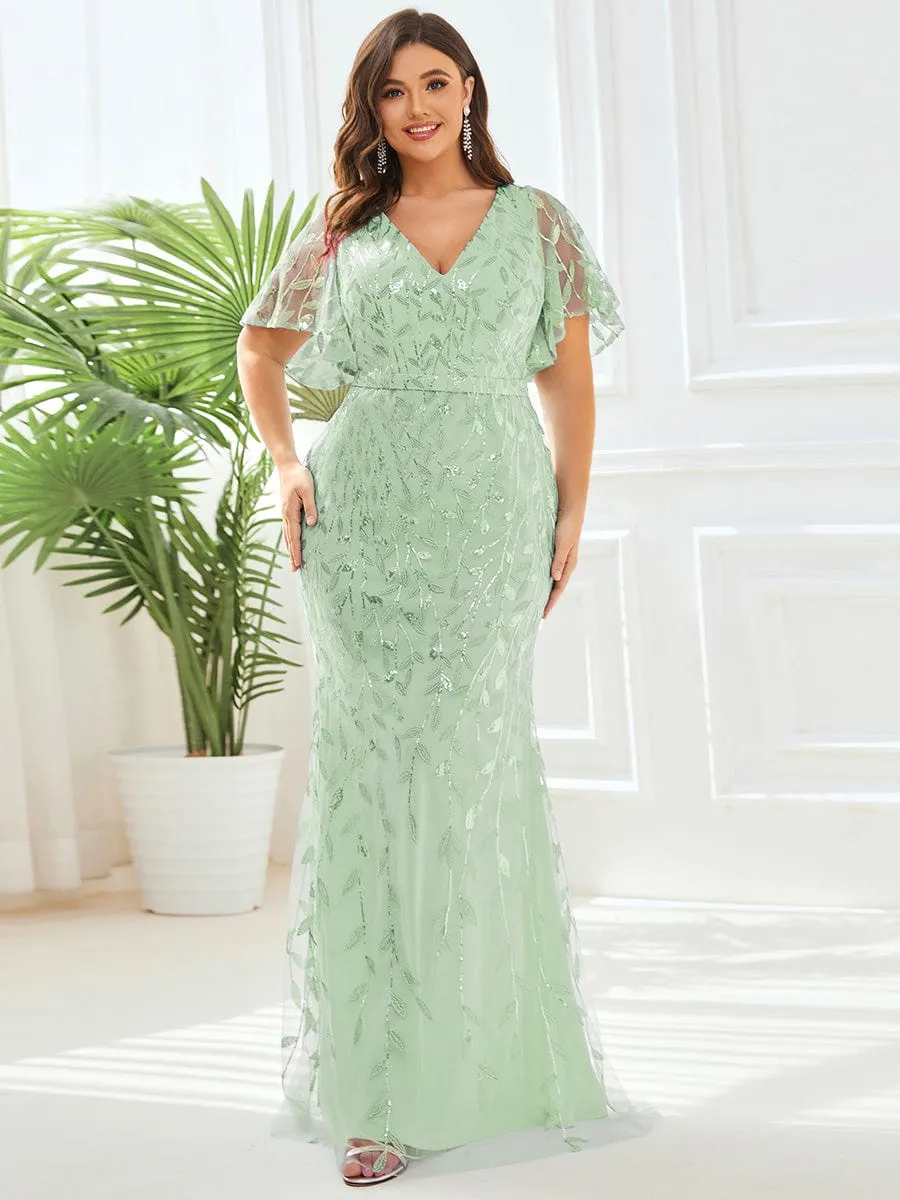 Gorgeous V Neck Leaf-Sequined Fishtail Party Dress