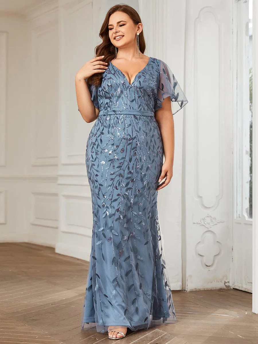 Gorgeous V Neck Leaf-Sequined Fishtail Party Dress