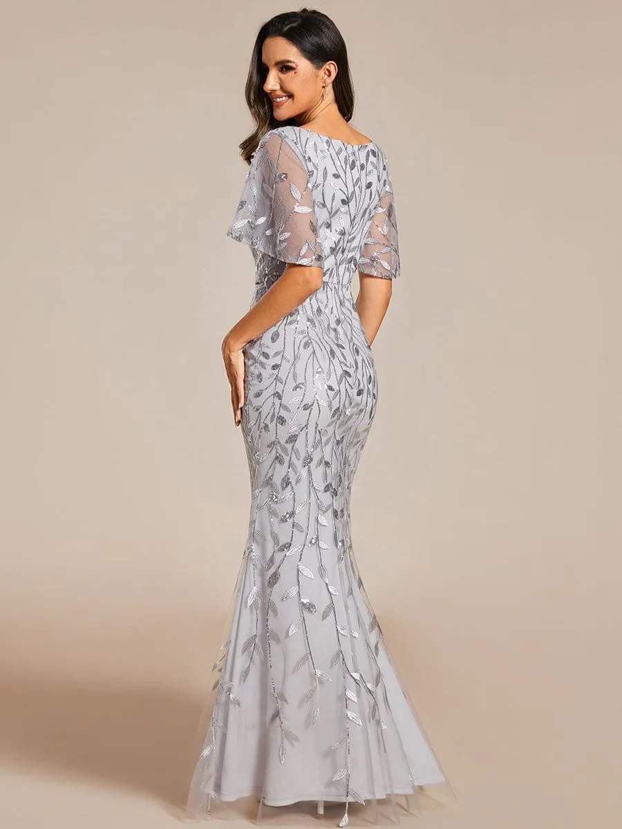 Gorgeous V Neck Leaf-Sequined Fishtail Party Dress