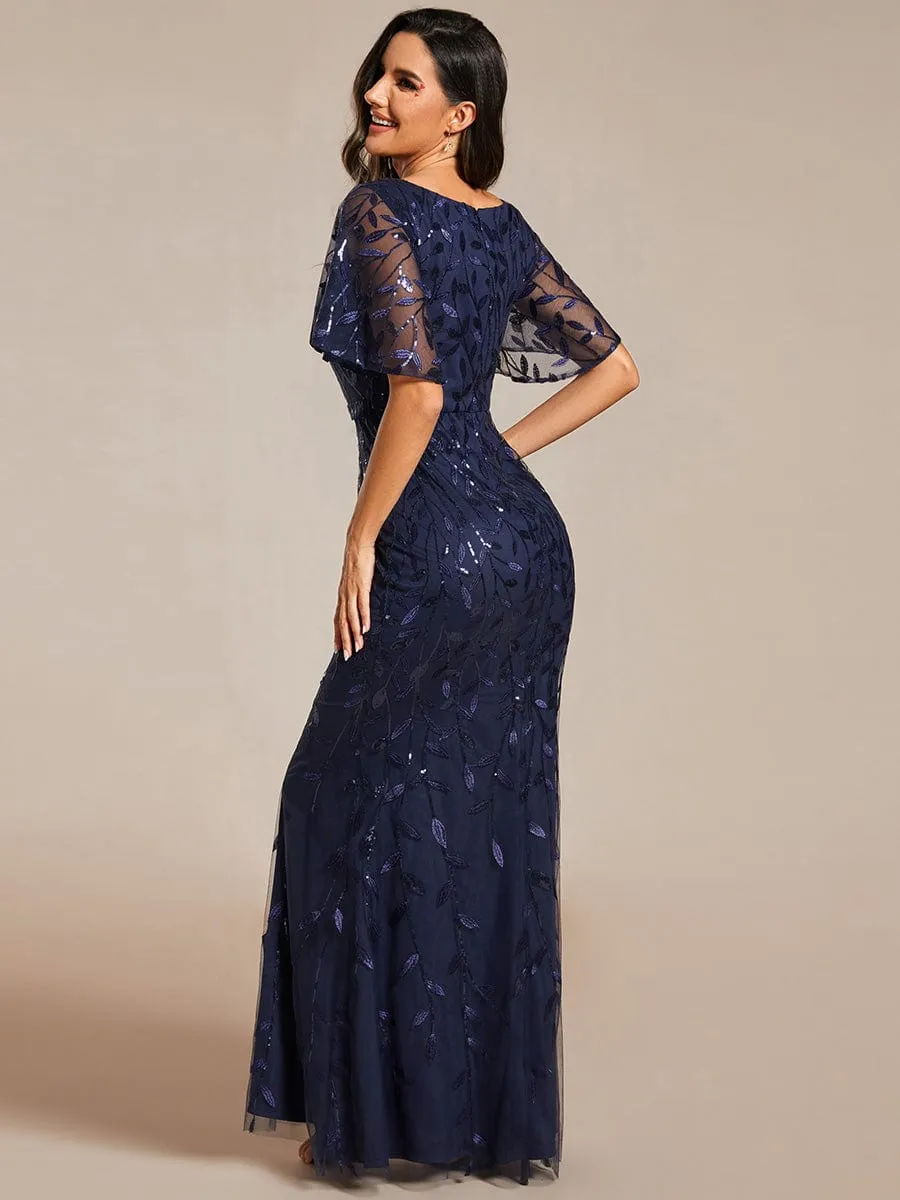 Gorgeous V Neck Leaf-Sequined Fishtail Party Dress