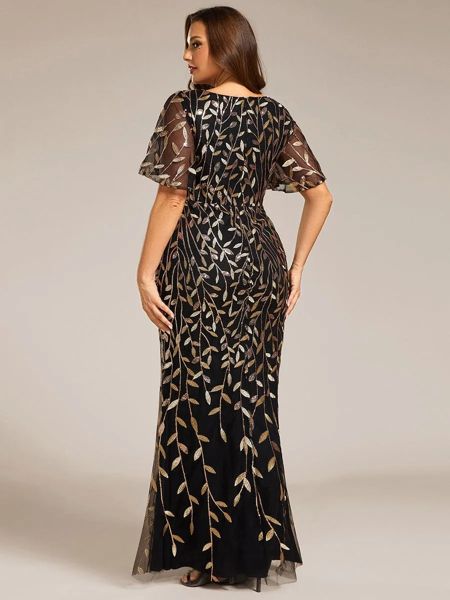 Gorgeous V Neck Leaf-Sequined Fishtail Party Dress