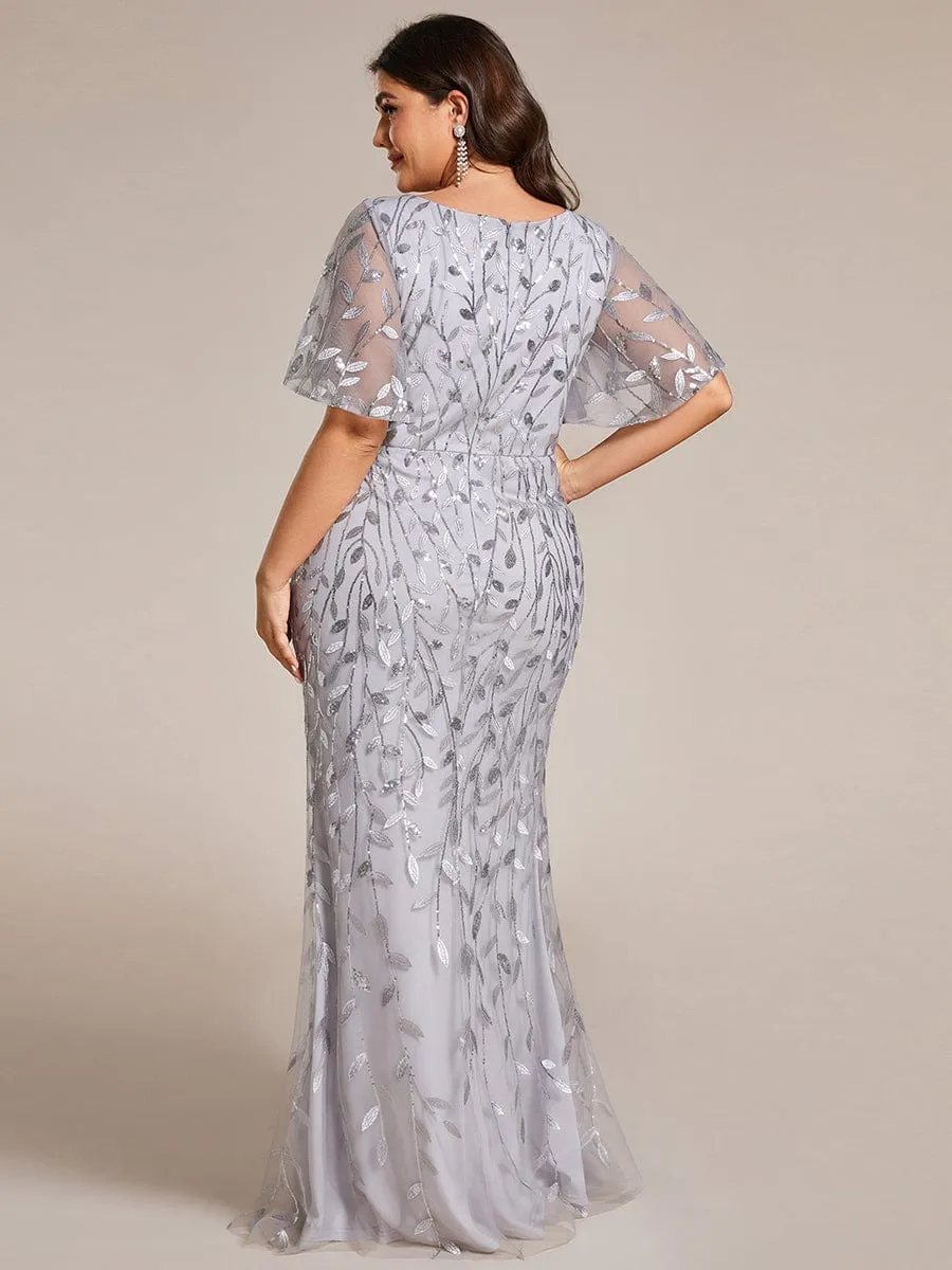 Gorgeous V Neck Leaf-Sequined Fishtail Party Dress