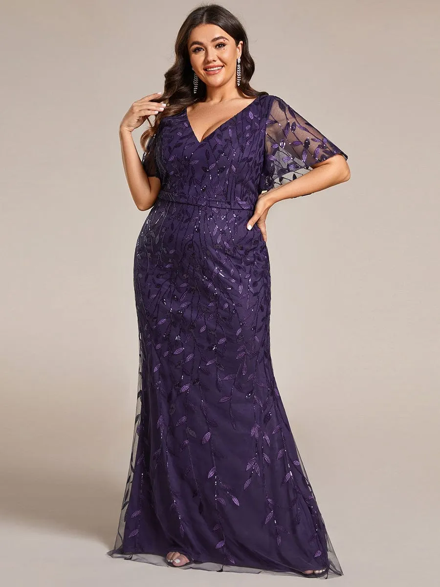 Gorgeous V Neck Leaf-Sequined Fishtail Party Dress