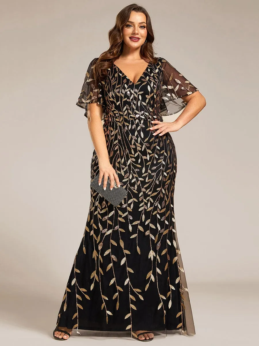 Gorgeous V Neck Leaf-Sequined Fishtail Party Dress