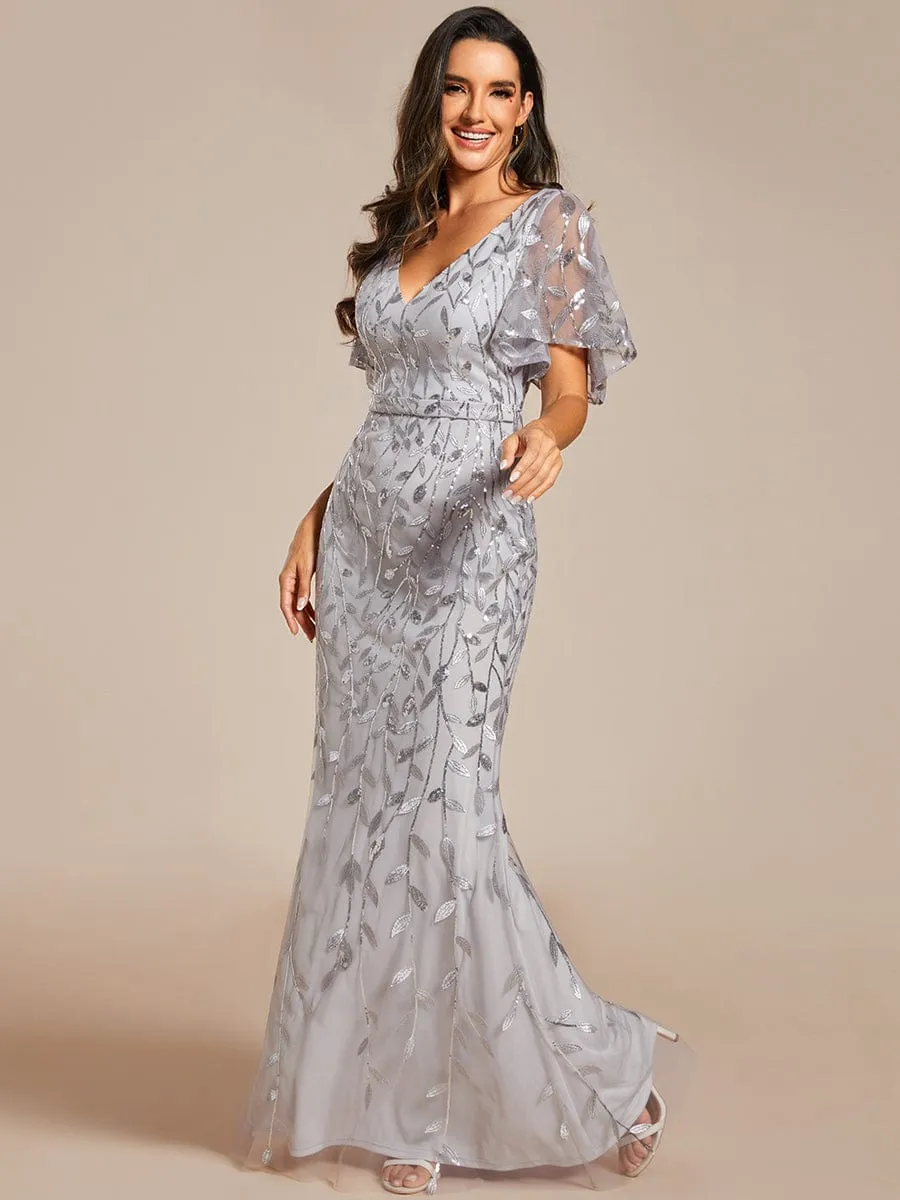 Gorgeous V Neck Leaf-Sequined Fishtail Party Dress