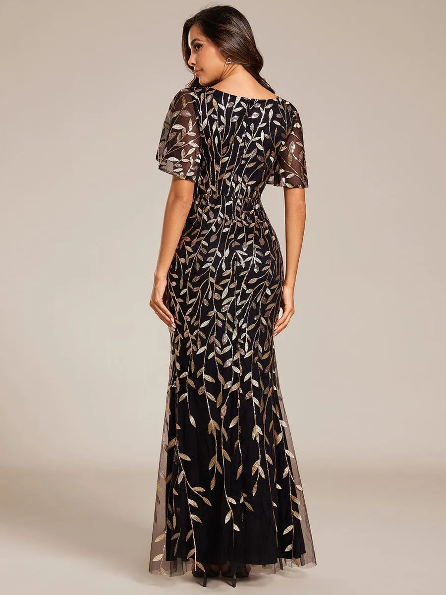 Gorgeous V Neck Leaf-Sequined Fishtail Party Dress