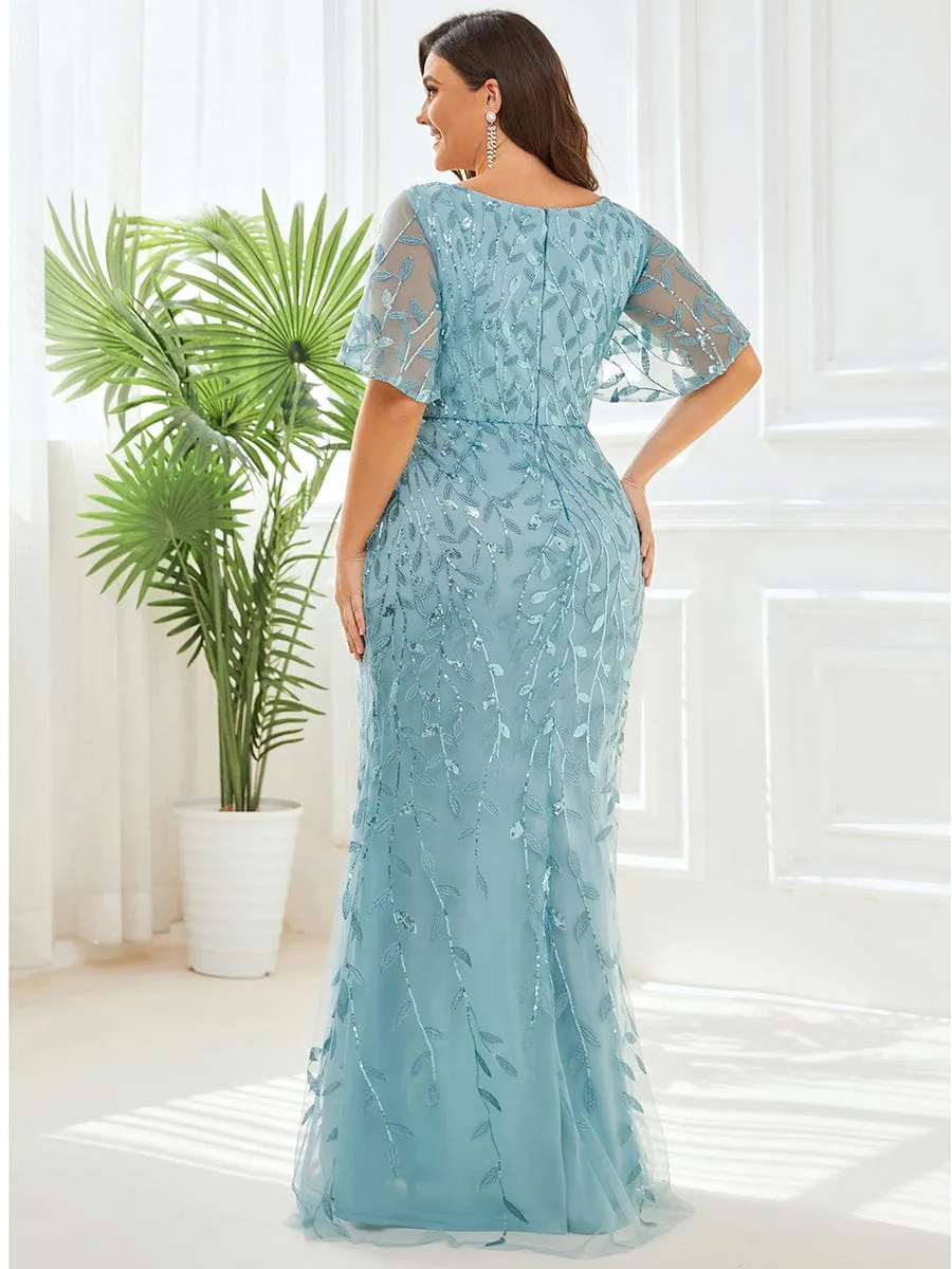 Gorgeous V Neck Leaf-Sequined Fishtail Party Dress