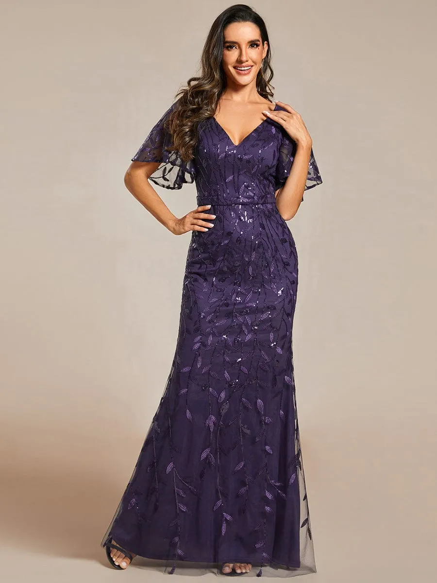 Gorgeous V Neck Leaf-Sequined Fishtail Party Dress