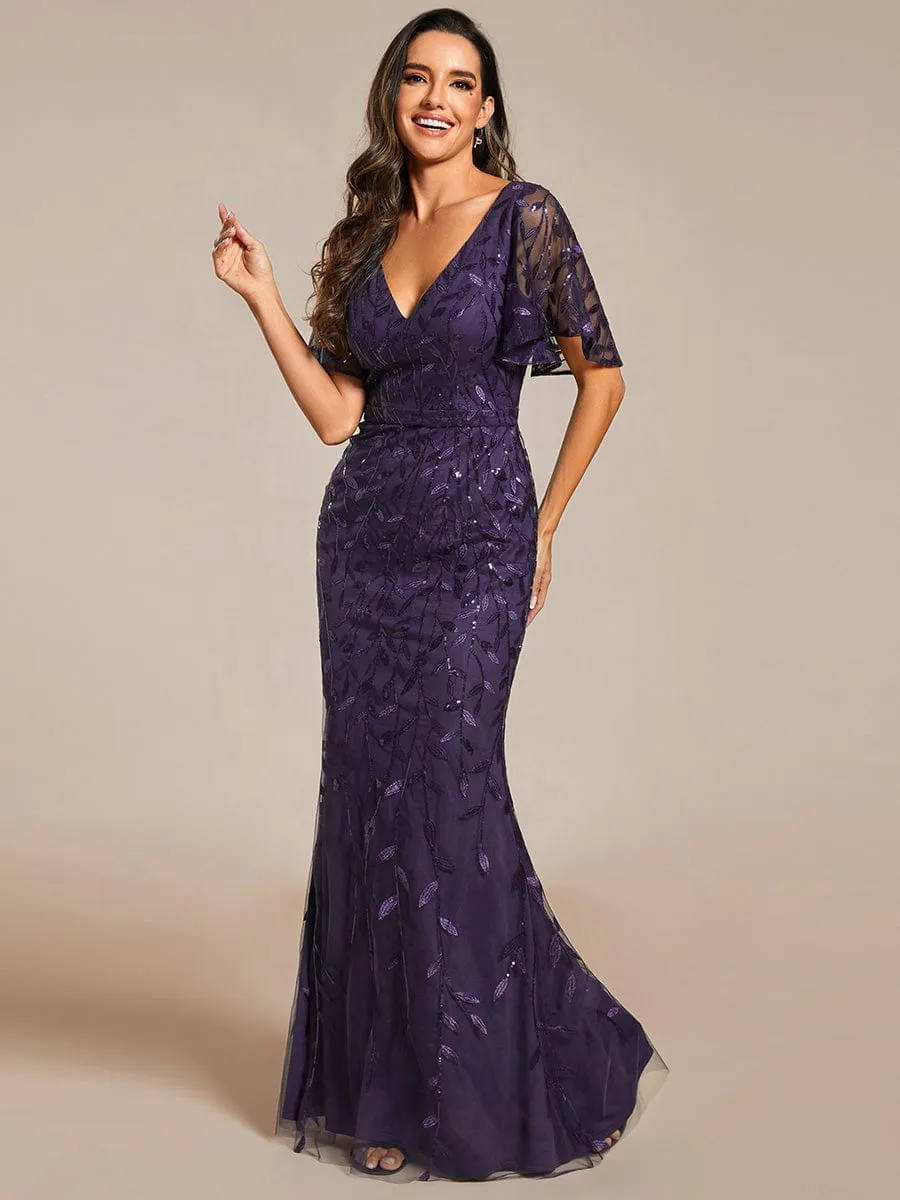 Gorgeous V Neck Leaf-Sequined Fishtail Party Dress