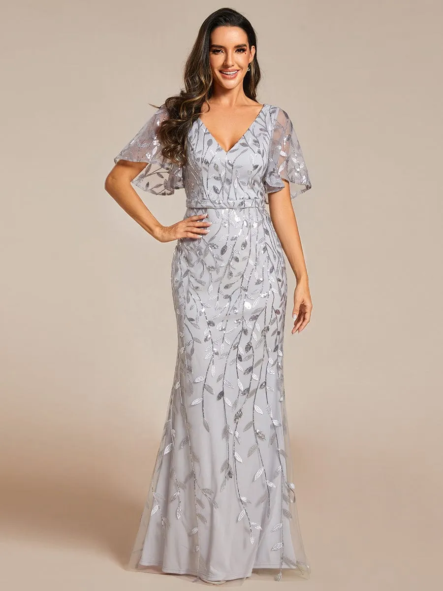 Gorgeous V Neck Leaf-Sequined Fishtail Party Dress