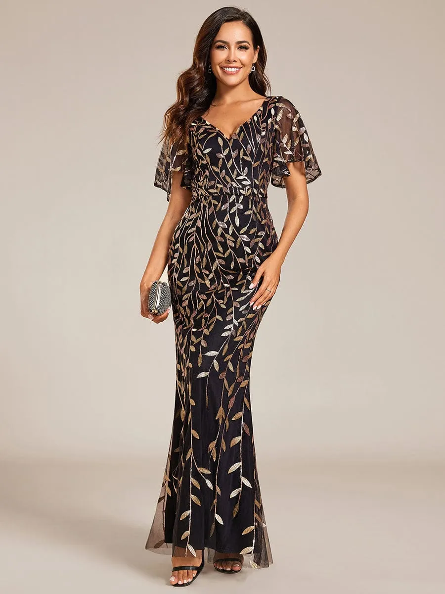 Gorgeous V Neck Leaf-Sequined Fishtail Party Dress