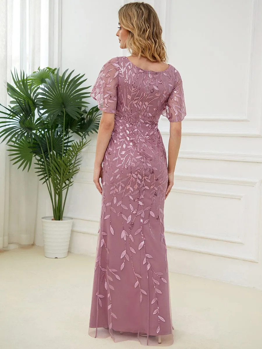 Gorgeous V Neck Leaf-Sequined Fishtail Party Dress