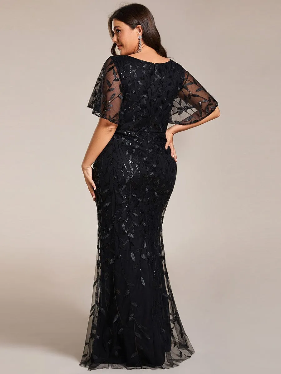 Gorgeous V Neck Leaf-Sequined Fishtail Party Dress