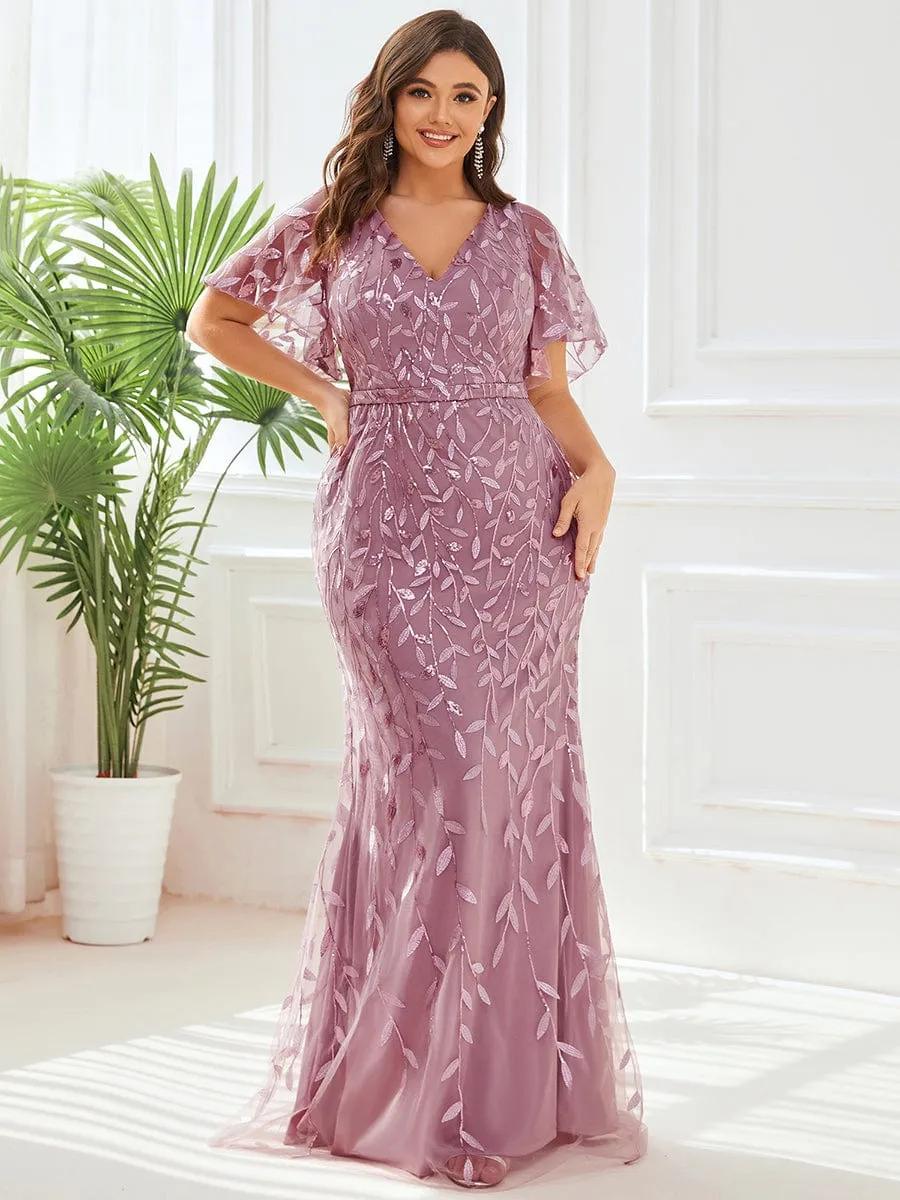 Gorgeous V Neck Leaf-Sequined Fishtail Party Dress