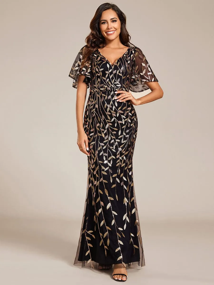 Gorgeous V Neck Leaf-Sequined Fishtail Party Dress