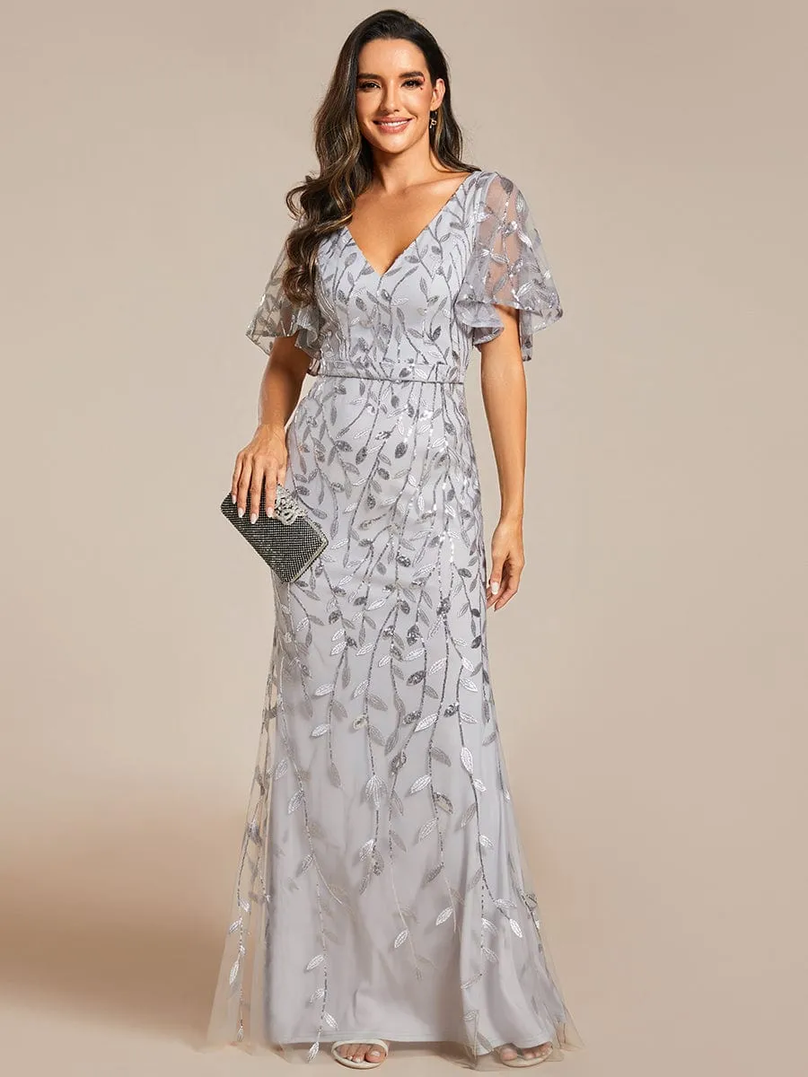 Gorgeous V Neck Leaf-Sequined Fishtail Party Dress